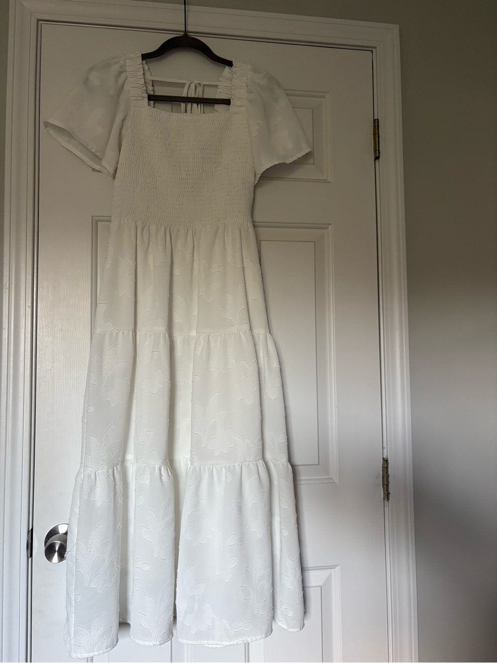 White Smocked Maxi Dress with Puff Sleeves and Tiered Skirt
